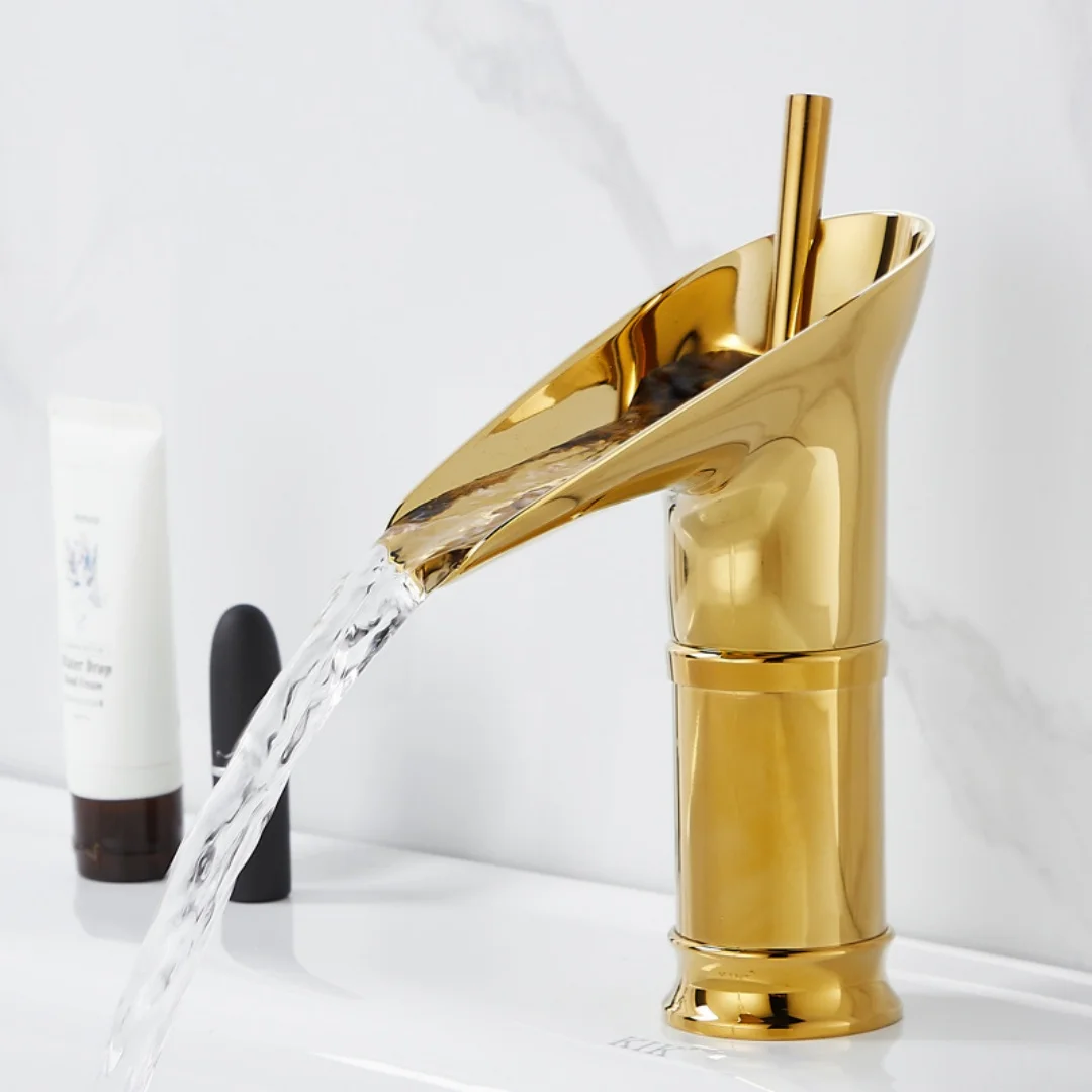Gold Bathroom Faucet Brass Basin Faucets Hot and Cold Bathroom Sink Faucet Waterfall Lavatory Faucet  Mixer Water Tap