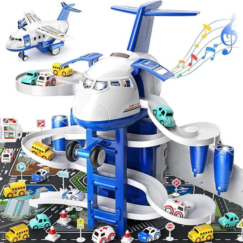 TEMI Kids Airplane & Race Track Toys For 3-7 Boys, 2-6 Toddlers. 8 City Cars, Garage Playmat. Birthday Gift For Girls.