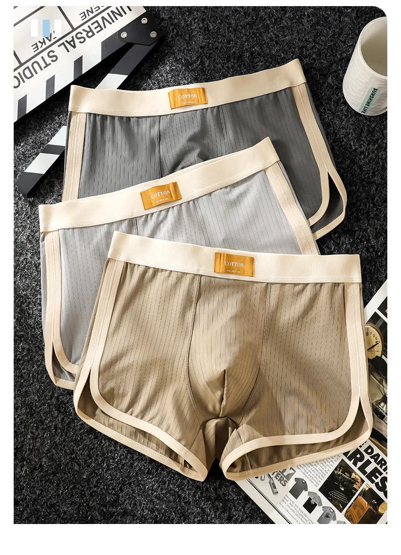 Comfortable Men's Boxer Briefs with Vertical Stripe Texture, Contrasting Color Waistband, Slit Hems, Lightweight and Breathable Men's Boxer Briefs for Everyday Wear