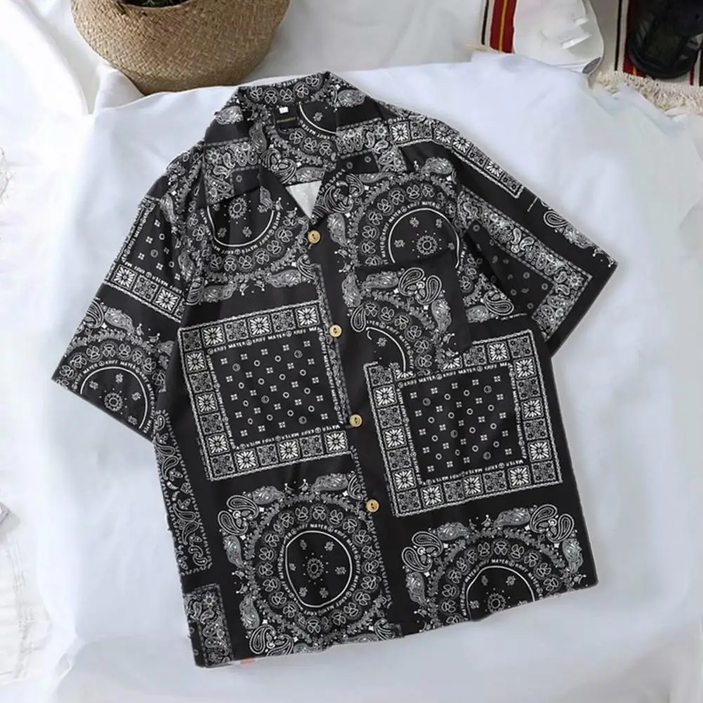 Harajuku Men Shirt Turn-down Collar Vintage Cashew Print Loose Type Bandana Shirt  Paisley Shirts Summer Short Sleeve Men Blouse