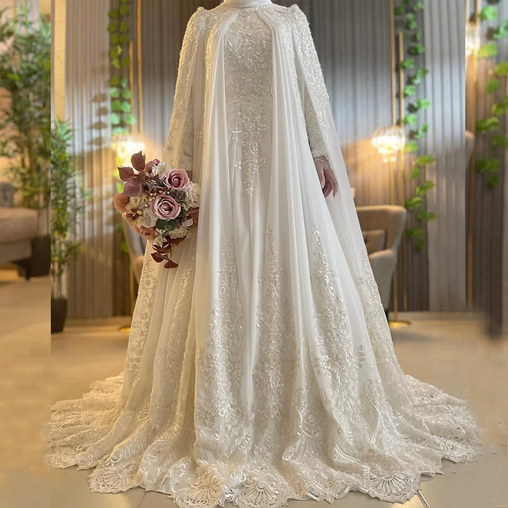 Robes de mariée en dentelle musulmane avec cape, hijab à col haut, manches longues, train de balayage, perles, patients de la mariée, quelles que soient les robes de mariée