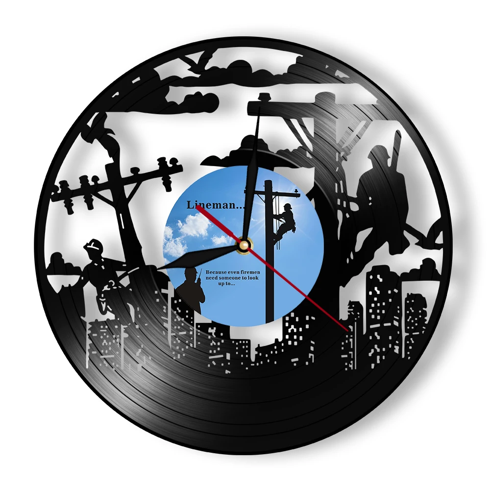 Lineman Laser Cut Vinyl Record Wall Clock for Utility Workers Electrical Powerline Worker Upcycled Music Album Handicrafts Clock