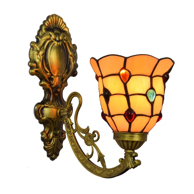 

Tiffany stained glass retro mirror headlamp pastoral bedside wall lamp aisle colored beads glazed wall lamp
