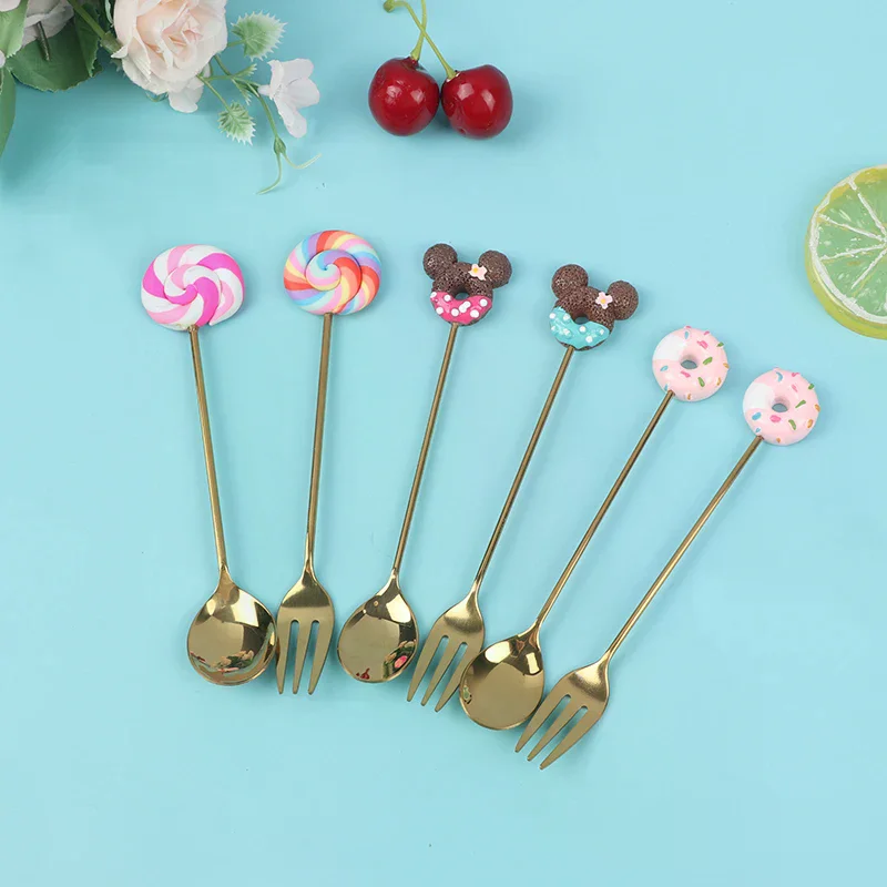 4pcs/set Donut Candy Spoon/Fork Milk Coffee Stirring Spoon Kitchen Cutlery