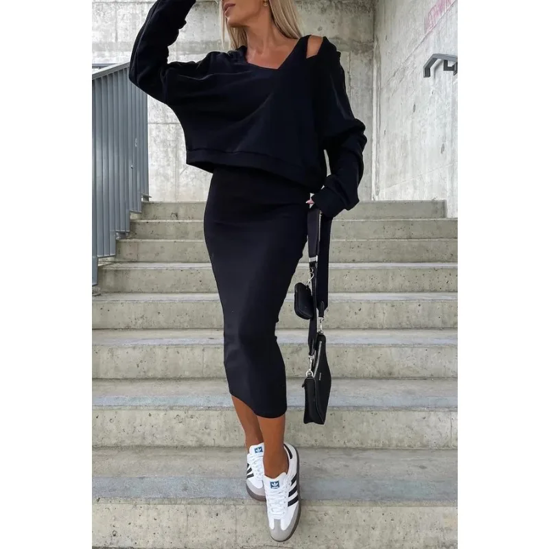 2024 herbst Neue Ärmelloses Kleid + V-ausschnitt Sweatshirt Hoodies Zwei Stück Set Elegante Chic Trainingsanzug Weibliche Outfits Streetwear