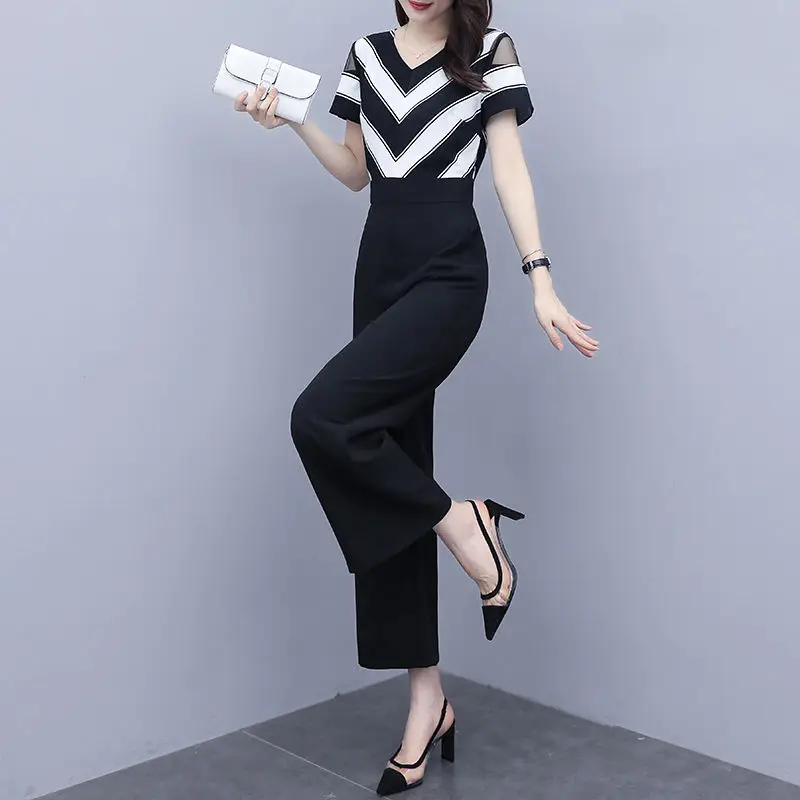 

Women's 2024 Summer New Fashion Commuter Stripe Spliced Gauze High Waist Solid Color Pocket Thin One Piece Wide Leg Pants Suit