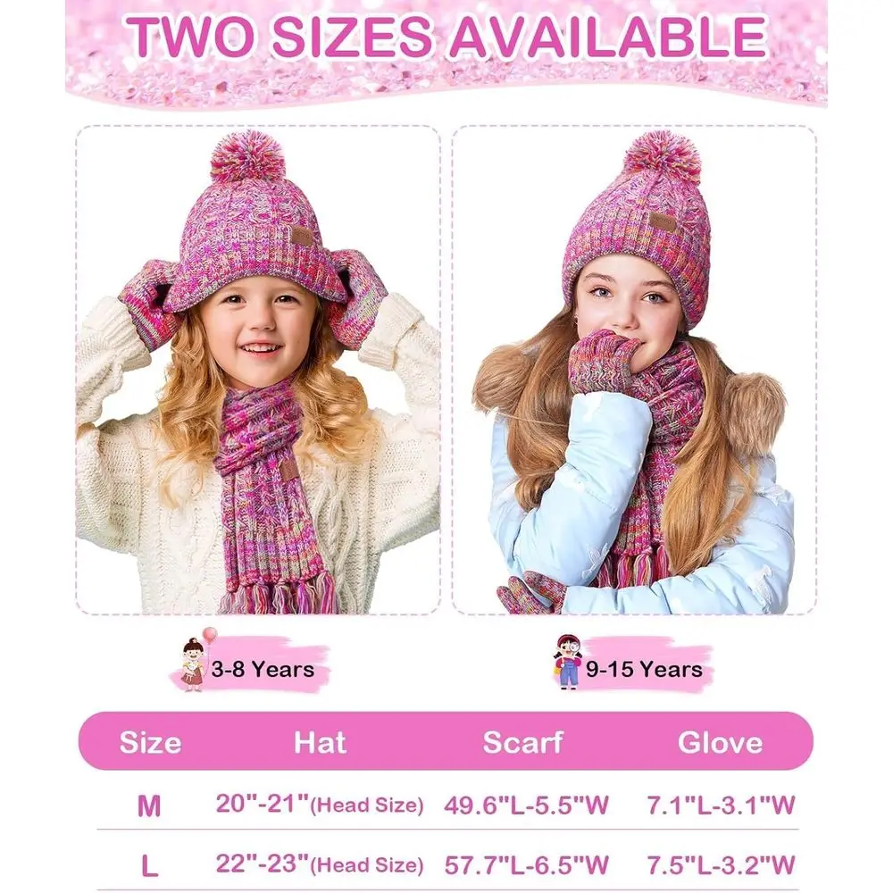 طقم قبعة بوم بوم شتوية مبطنة بالصوف وقفازات ووشاح للأطفال - هدية مثالية لعيد الميلاد