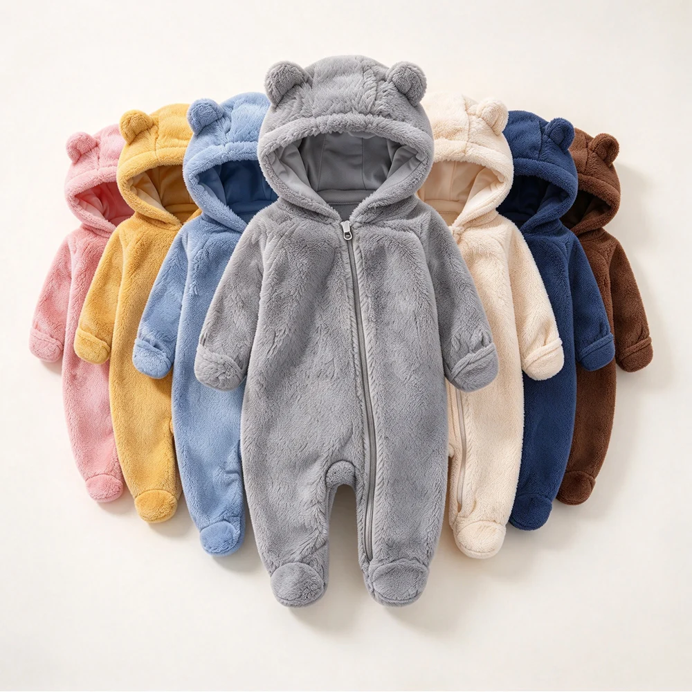 Newborn Baby Rompers Autumn Winter Warm Fleece Baby Boys Costume Baby Girls Clothing Animal Baby Pajamas Hooded Jumpsuits 0-1Y