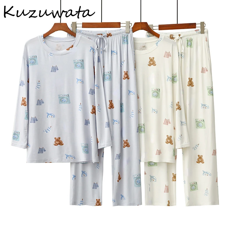 Kuzuwata O Neck Long Sleeve Cartoon Lovely Pajama Print Bear Pants Sweet Fresh Homewear Suit Japan Moda Lace Up Casual Pajamas