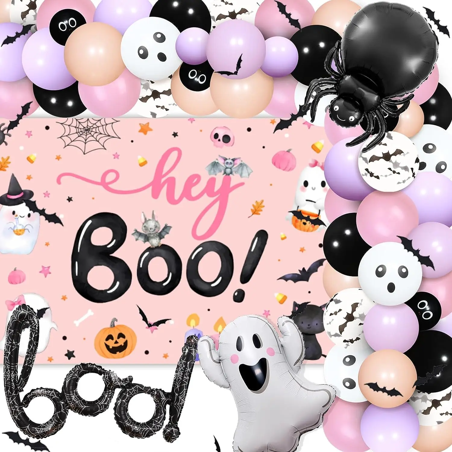 

Halloween Birthday Party Decorations for Girl Hey Boo Backdrop Pink Purple Ghost Balloon Garland Halloween Baby Shower Supplies