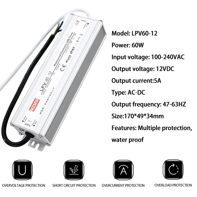 LPV-60-12 IP67 Waterproof Switching Power Supply AC to DC 100-240VAC 60W 12VDC 5A LED Strip Industrial Drive