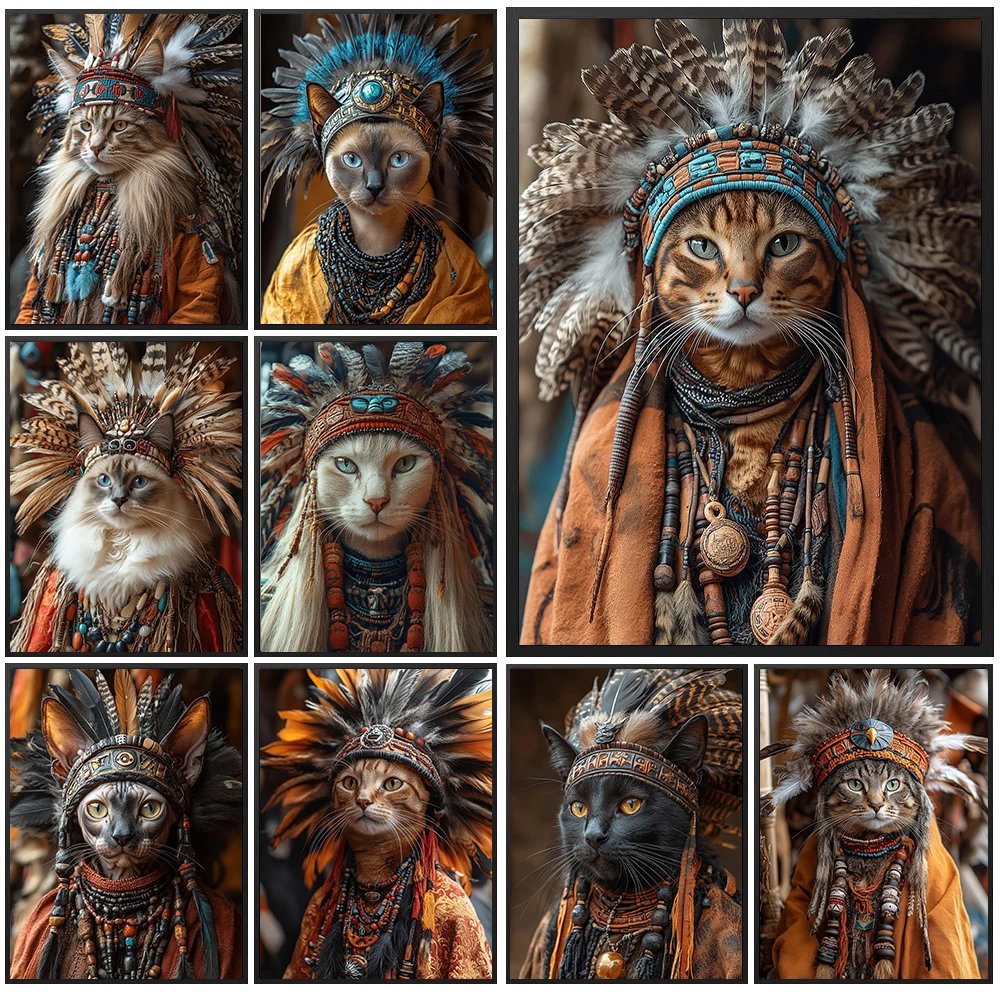Boho Cat In Feather Headdress Canvas Wall Art Decor,Ethnic Pet Poster,Ethnic Tribal Cat Art Prints For Living Room Decor