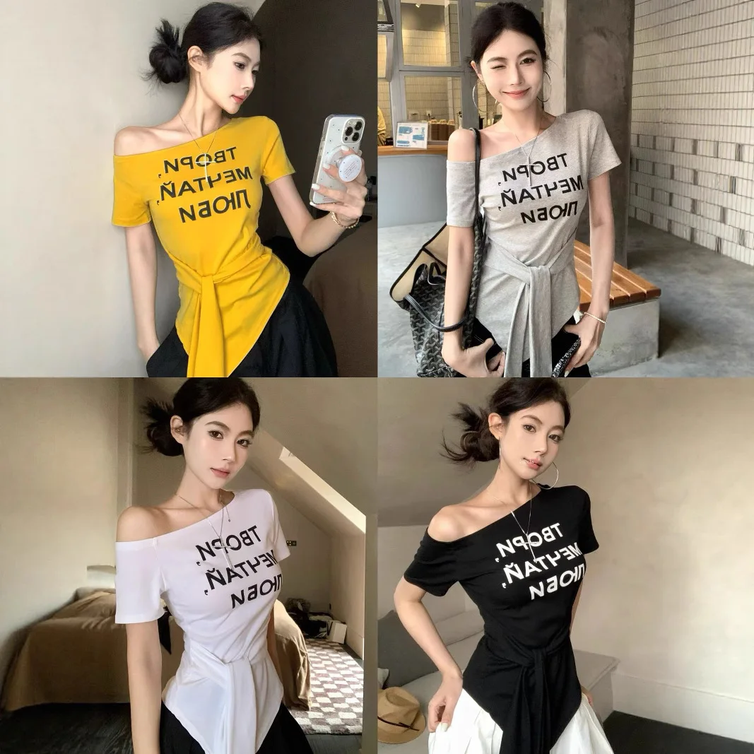 Damen Sommer T-Shirt mit Buchstaben-Print, One-Shoulder, Kurzarm, Slim-Fit Top, Mädchen Kurzes Studenten-Basisshirt, Lässiges T-Shirt für Frauen – Detail 36