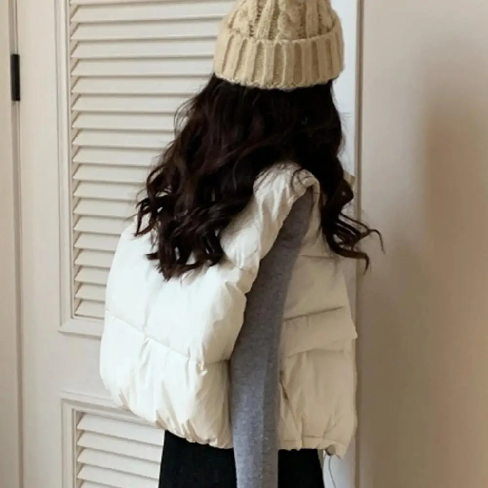 Women's Casual Round Neck Down Cotton Vest Loose-fit Slimming Warm Top For Autumn/winter Loose Fit Solid Color Puffer Vest