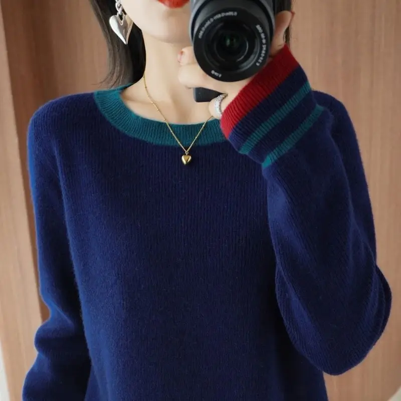 2023 New Autumn and Winter Fashion Western Round Neck Contrast Loose Sweater Temperament Commuter Thread Women's Casual Sweater