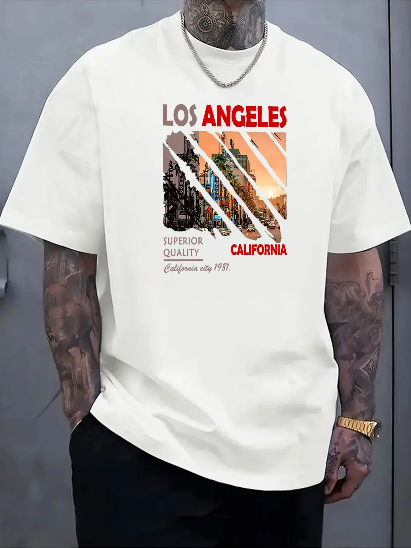 Men's Plus Size Los Angeles California T-Shirt - City Skyline & Palm Tree Print, Breathable Short Sleeve Tee, Regular Fit Urban