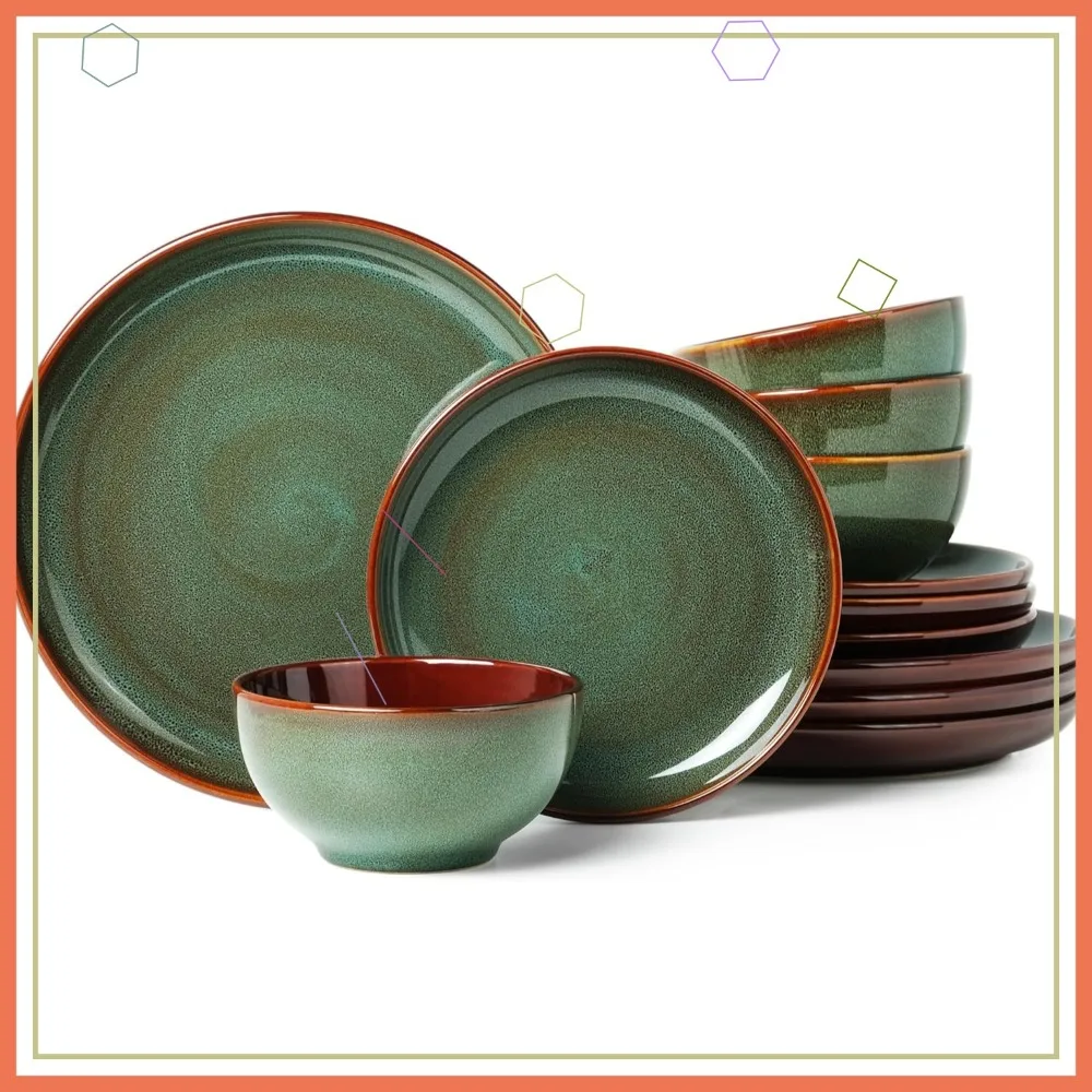 

Modern Sage Green Stoneware Dinnerware Set for 4, Microwave & Dishwasher Safe Ceramic Plates and Bowls