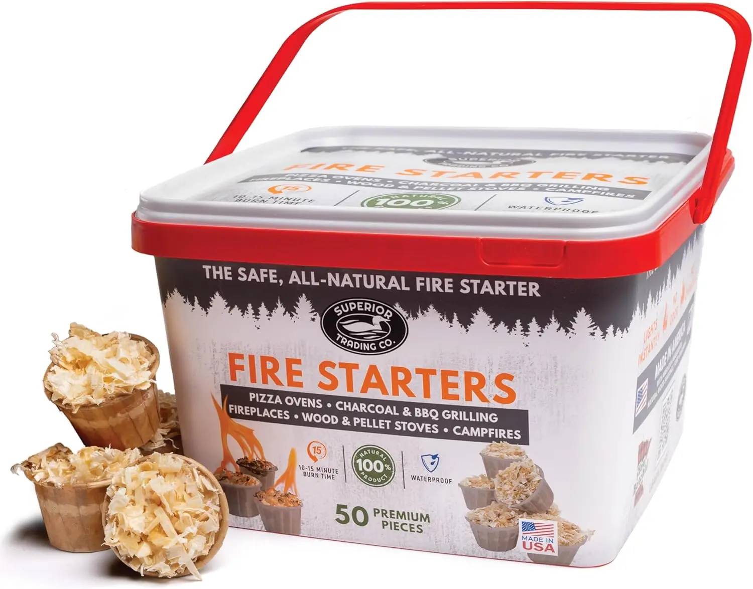 

Fire Starter Pods in Plastic Bucket - Campfire, BBQ, Grill, Wood Stove Use, 15-20 Min Burn, 50 Large Pods, USA Made
