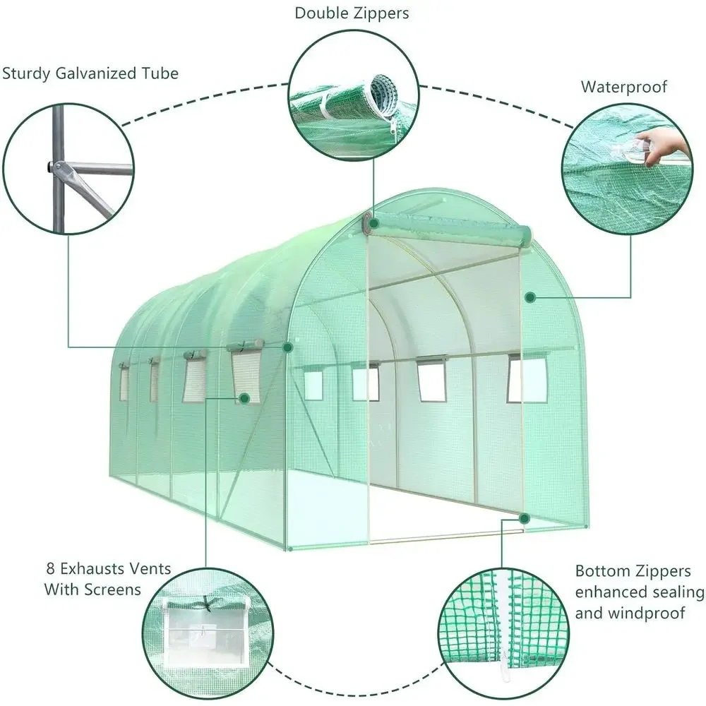 Sturdy Large Walk-In Greenhouse with Zippered Door and Roll-Up Windows - 15' x 7' x 7'