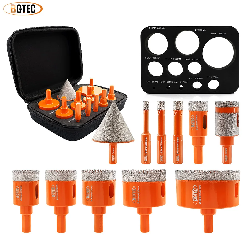 BGTEC EVA 11pcs Triangle 6/8/10/20/28/32/35/45/65mm Diamond Drill Bits+25mm Drill Grinding+50mm Chamfer Hex Granite Marble Tile