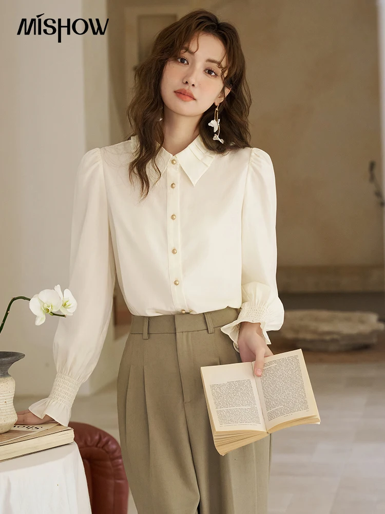 

MISHOW French Flare Sleeve Shirt 2024 Spring 100 Lyocell Metal Single Breasted Pleated Lapel Neck Tops Office Lady MXD12X1423