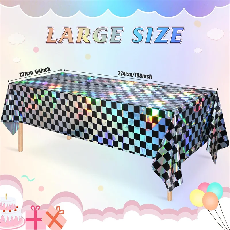 1/3Pcs Black and Iridescent Checkered Plastic Tablecloth, Shiny Disposable Laser Rectangle Table Covers for Picnic Camping Party