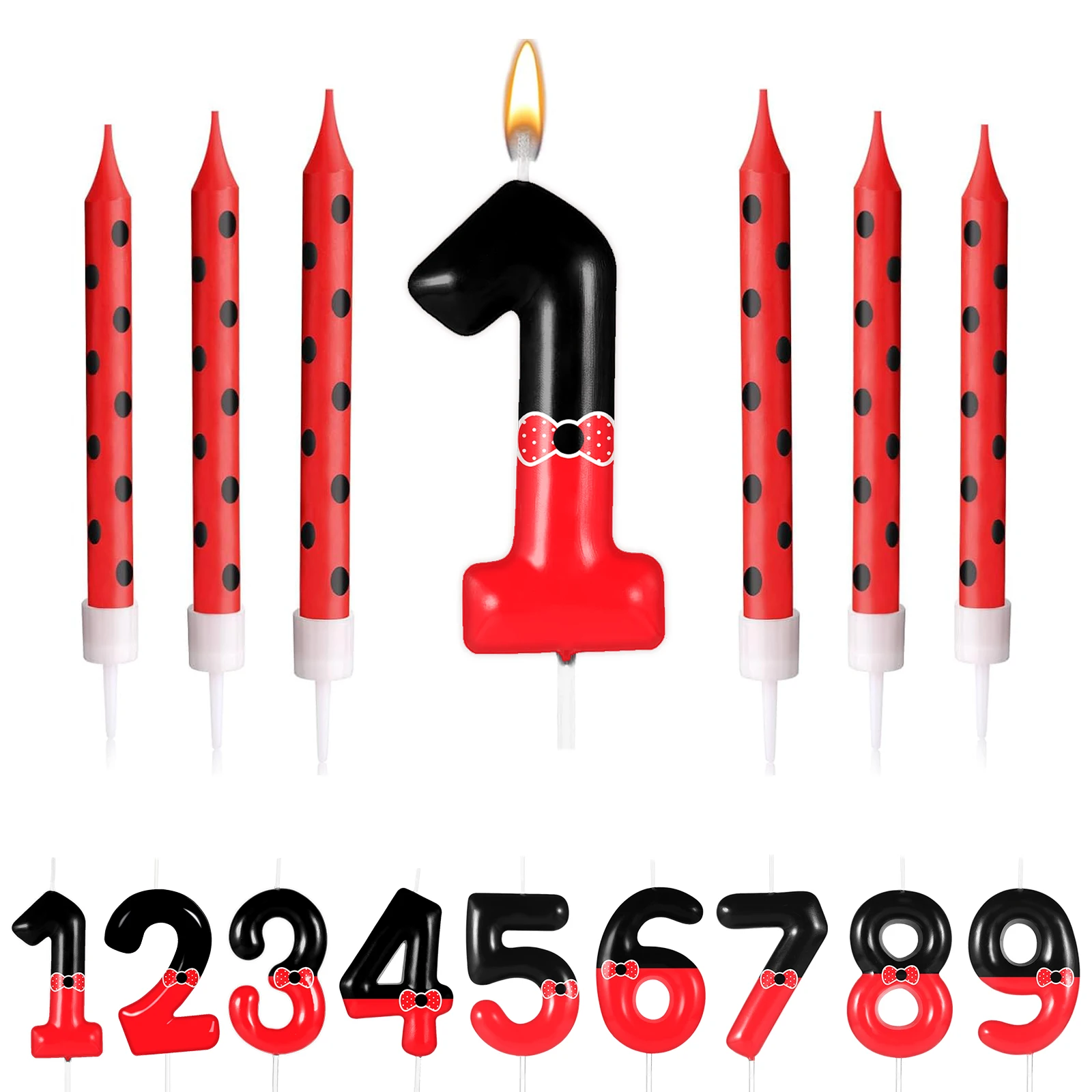 7pcs Black Red Bow Birthday Candles for Boys Girls, Red Mouse Number 0-9 Cartoon Themed Birthday Party Cake Decorations Supplies