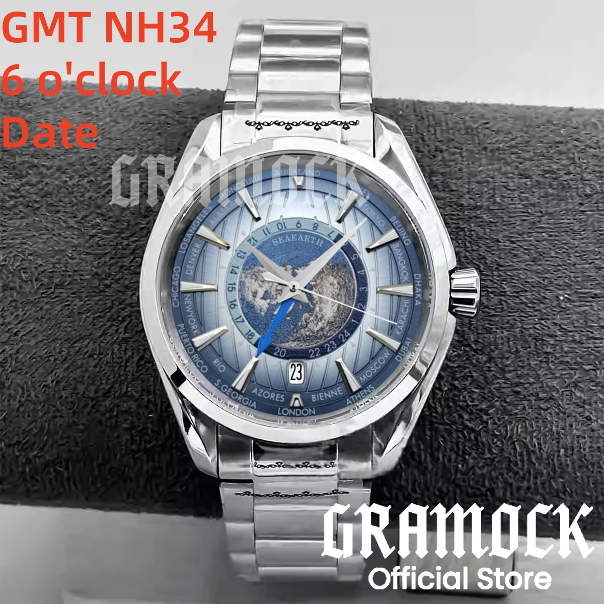 Gramock 40mm World Time GMT Zone Map Men's 6 O'clock Date Automatic Watch NH34A Mechanical Diving Wristwatch Steel/Rubber Strap