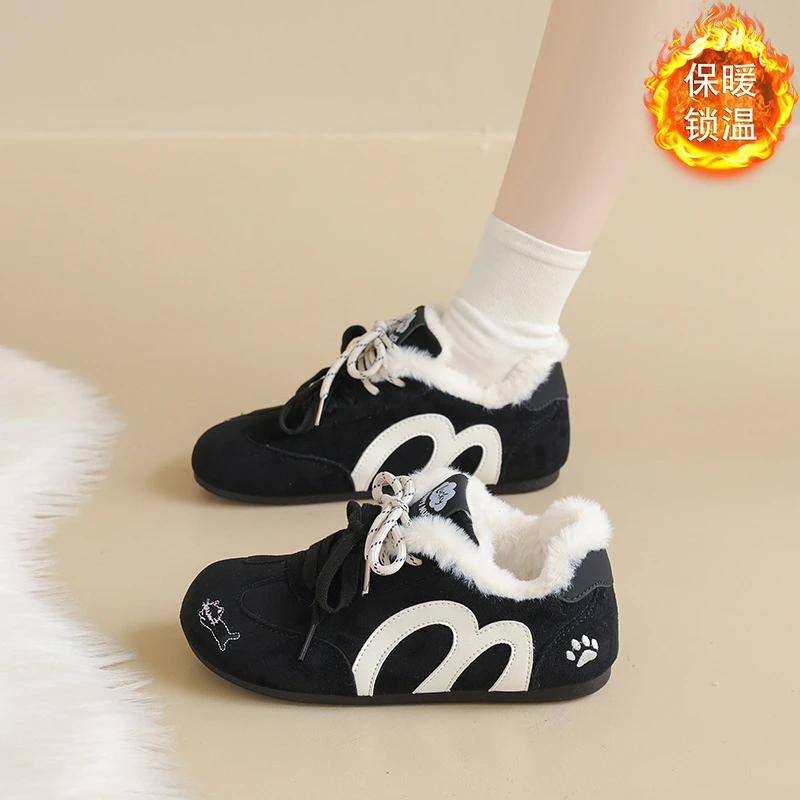 Women Winter Heavy Fleece Shoes 2026 New Korean Embroidery Casual Sneakers Thick Sole Warm Student Ladies Footwear Fashion New