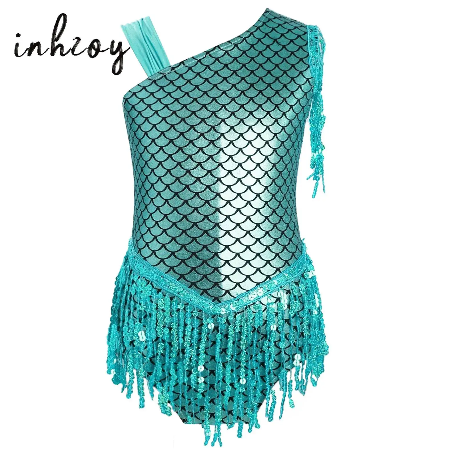 

Kids Girls Metallic Fish Scale Dance Leotard Bowknot Back Shiny Sequins Tassels Jazz Ballet Bodysuit for Halloween Performance