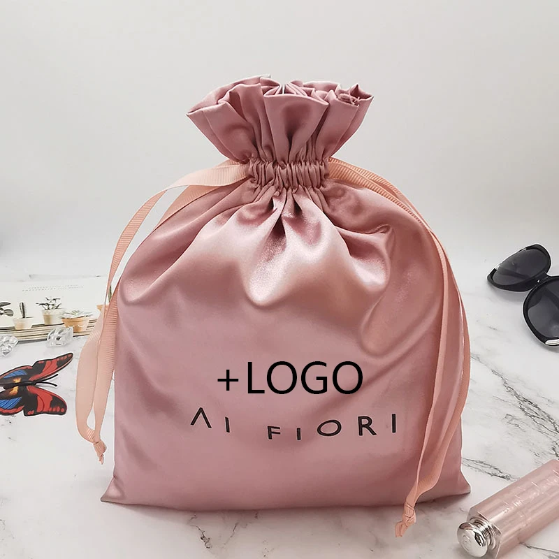 Custom Bags with Logo Ribbon Satin Drawstring Bags Virgin Hair Makeup Eyelash Perfume Packaging Bag Travel Storage String Bag