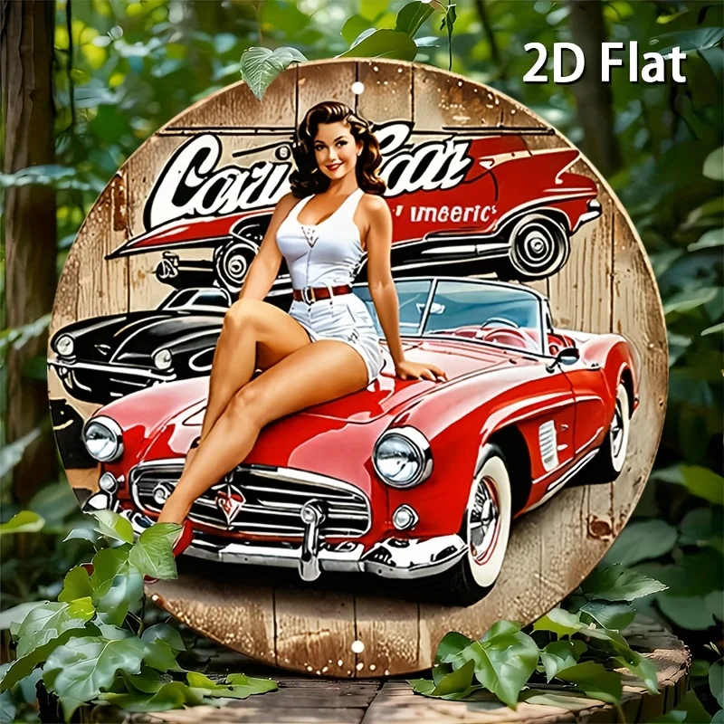 [2D Flat] Vintage-Auto-Metallblechschild – 2D Flat 8x8" Runde Aluminium-Wanddekoration mit klassischer Auto-Mädchen-Illustration, Retro-rotes Auto