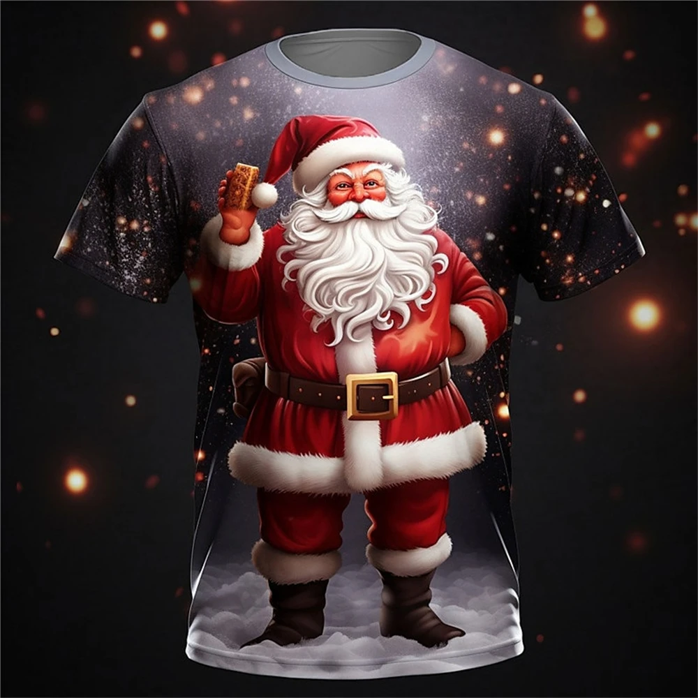

2025 Santa Claus Print T-Shirt Men Casual Short Sleeve Tops Christmas Men's T-Shirt Micro Elastic Oversized T-Shirt Unisex Tees