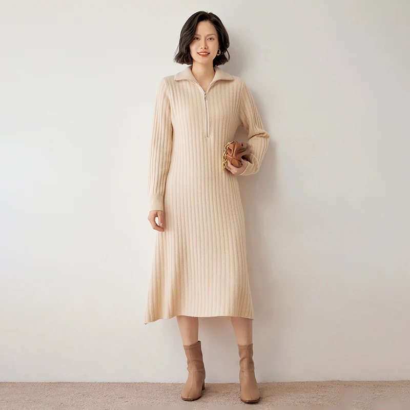 High-end Autumn Winter New 100% Cashmere Dress Long Sweater Women Knitted Dresses Female Fashion Lapel Neck Elastic Pullover