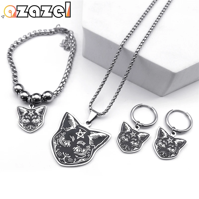 Stainless Steel Jewelry Set for Women Men Magic Witchcraft Pentagram Black Cat Necklace Earrings Bracelet Jewelry Halloween Gift