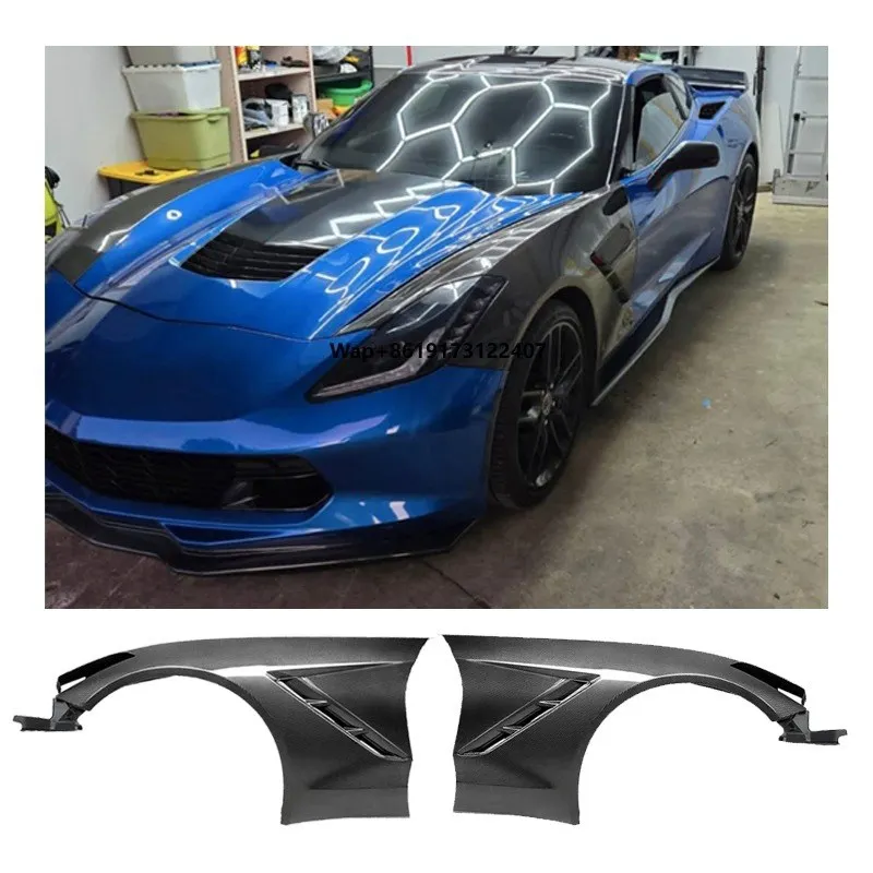 New Corvette C7 OEM Style Wet Carbon Fiber Front Fender Spoiler with Forge Carbon Fiber Fenders 2013-