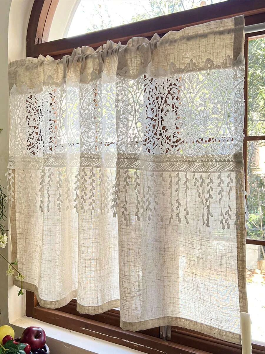 1pc or 2pcs Vintage Linen Textured Café Curtain, Hollow‑Out Crochet Lace Short Window Curtain with Leaf Tassels for Kitchen