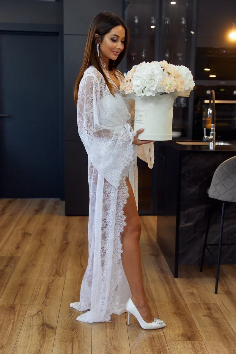 Bride White Boudoir Maxi Lace Robe Long Silk Robe with Chantilly Lace Sleeve Wedding Dressing Gown Women Bridal Honeymoon Robe