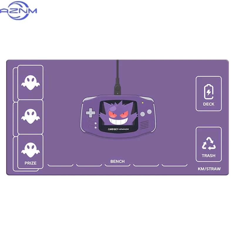 Pokemon Gengar TCG Playmat Retro Handheld Console Card Game Mat Non Slip Rubber Large Desk Pad Stitched Edge Table Mat（