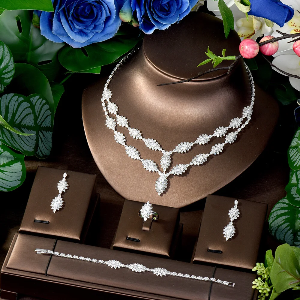 

HIBRIDE 2025 New Women's Clothing Accessories 4pcs Set Show C Focus Necklace Earrings CZ Zirconia Bridal Wedding Party S-157