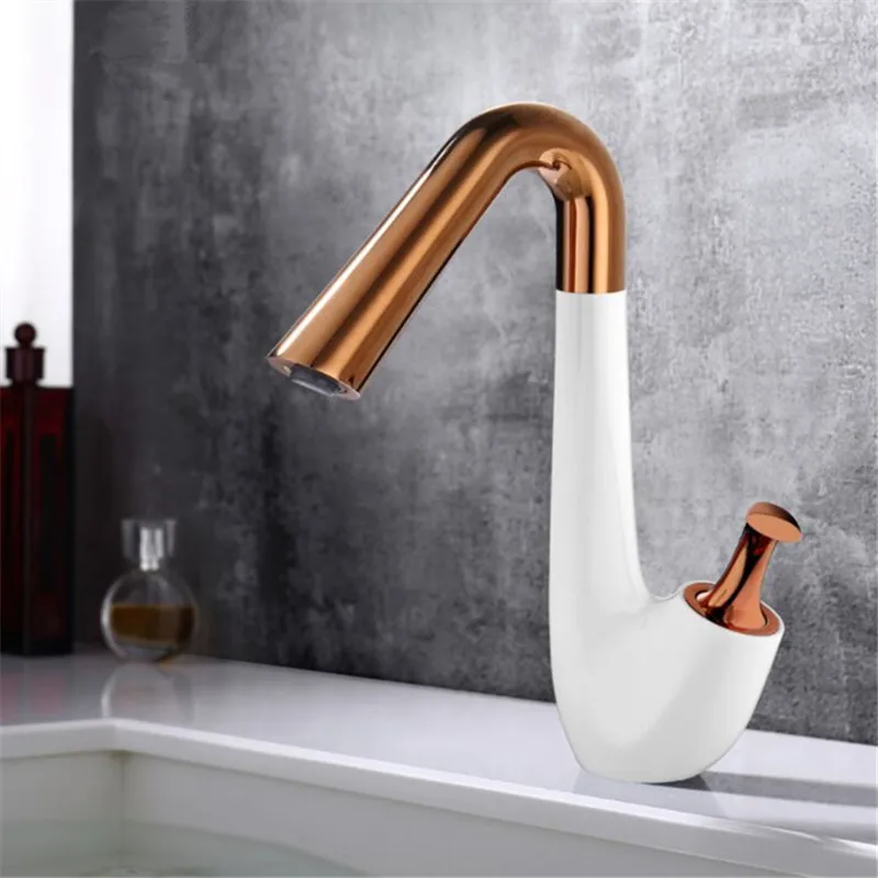 

White Swan Shape Bathroom Basin Faucets Solid Brass Sink Mixer Tap Hot & Cold Single Handle Unique Design Black Rose Gold/Chrome