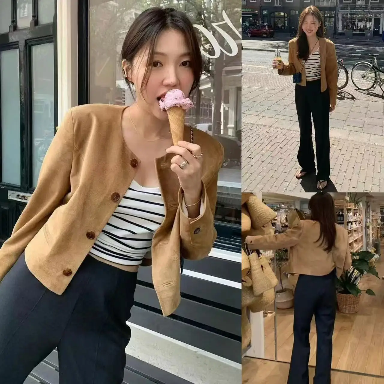 

Casual Tannat Suede ort Coat round Ne Pure Color Versatile Loose Fit Slimming Autumn Spring Women's Faion Set Button Sle