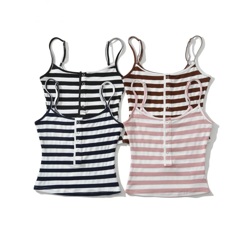 BT959-26 Spring U Neck Striped Cropped Camisole with Hidden Snap Front Korean Slim Vest