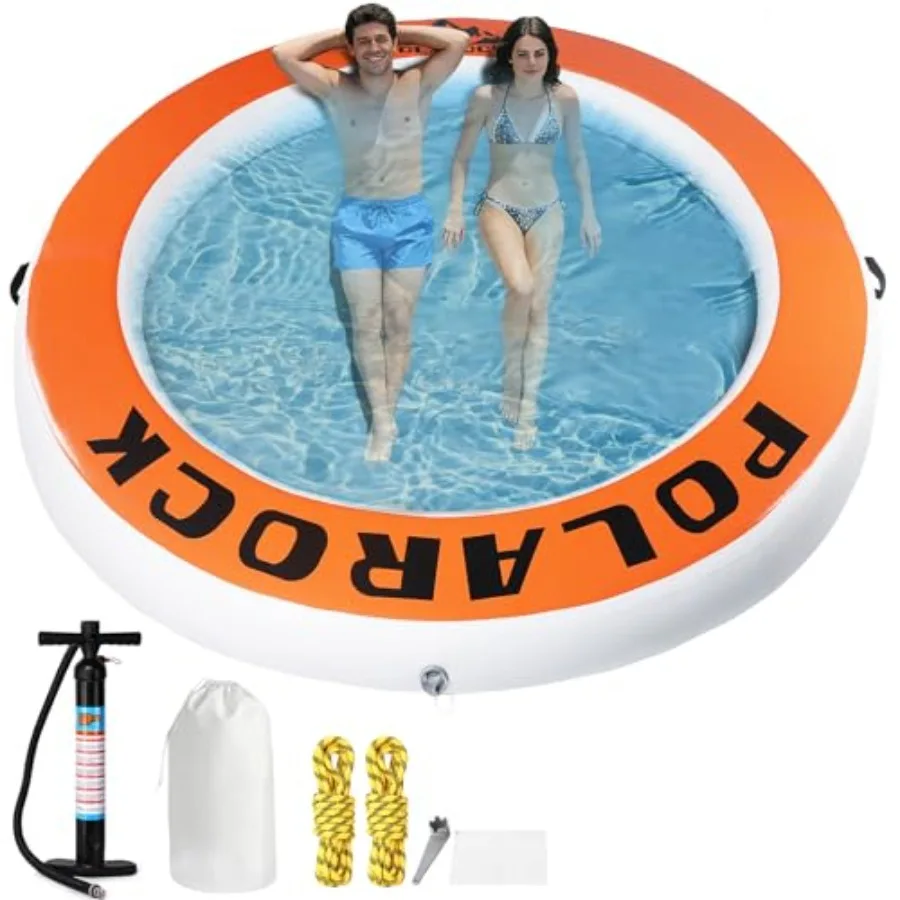 Inflatable Water Hammock Floating Dock for lakes pools oceans, heavy-duty PVC material, blue color, extra-large round float rin