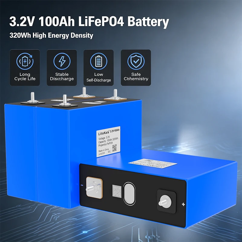 LiitoKala 3.2V 100Ah LiFePO4 Battery 320Wh,≥4000 Cycles M6 Terminal,for Solar Energy Storage RV Off‑Grid Power System