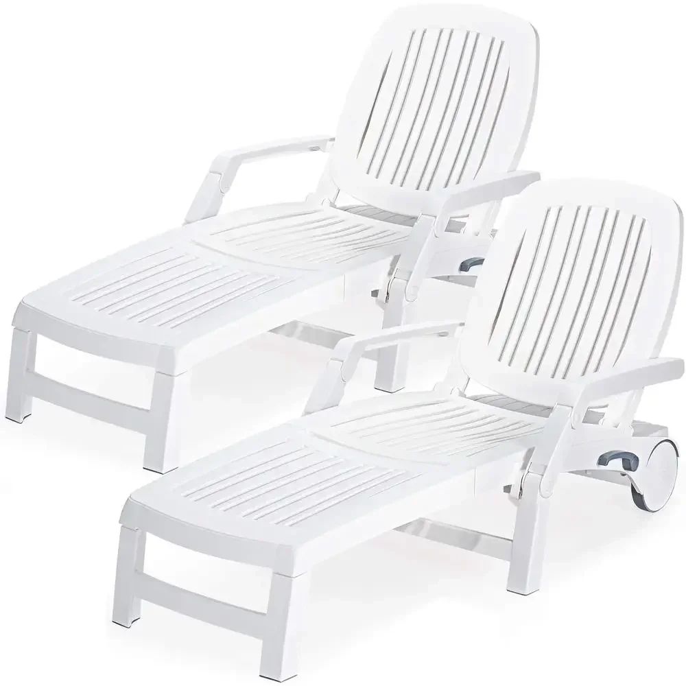 Outdoor 6-Position Adjustable Backrest Lounge Chair with Wheels for Patio, Poolside, Garden, and Beach (2-Pack, White)