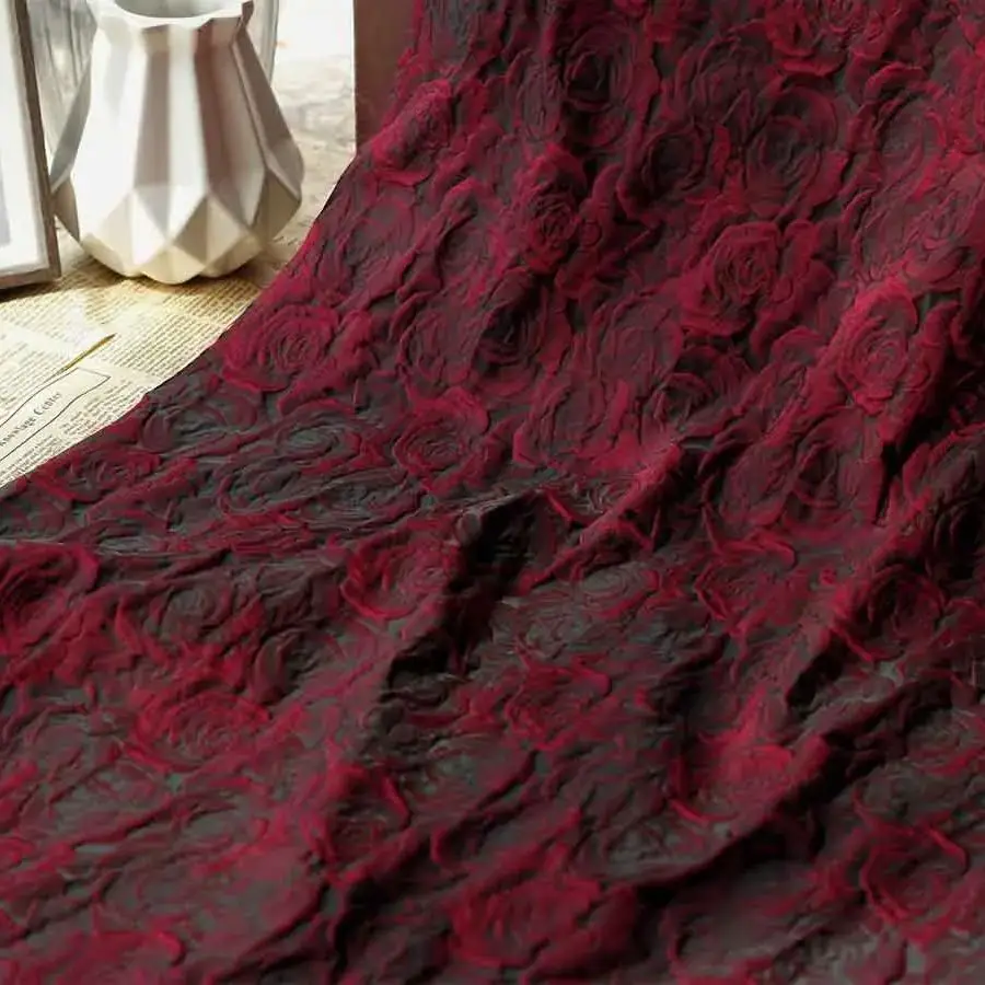

1Meter Vintage Jacquard Crimson 3D Rose Jacquard Fabric Flower Yarn Dye Fabric for DIY Sewing Dress Set Bag Garment Interior