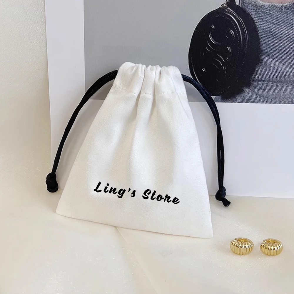 50pcs Personalized Logo Jewelry Flannel Drawstring Bags Print Velvet Packaging Pouches Small Chic Wedding Favor Bags Custom Name