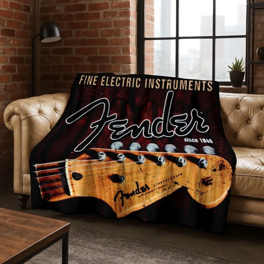 Fashion Fender Logo Guitar Music Instruments Art Flannel Blanket Cozy Soft Throw Blanket Home Bedroom Bed Sofa Cover Gift