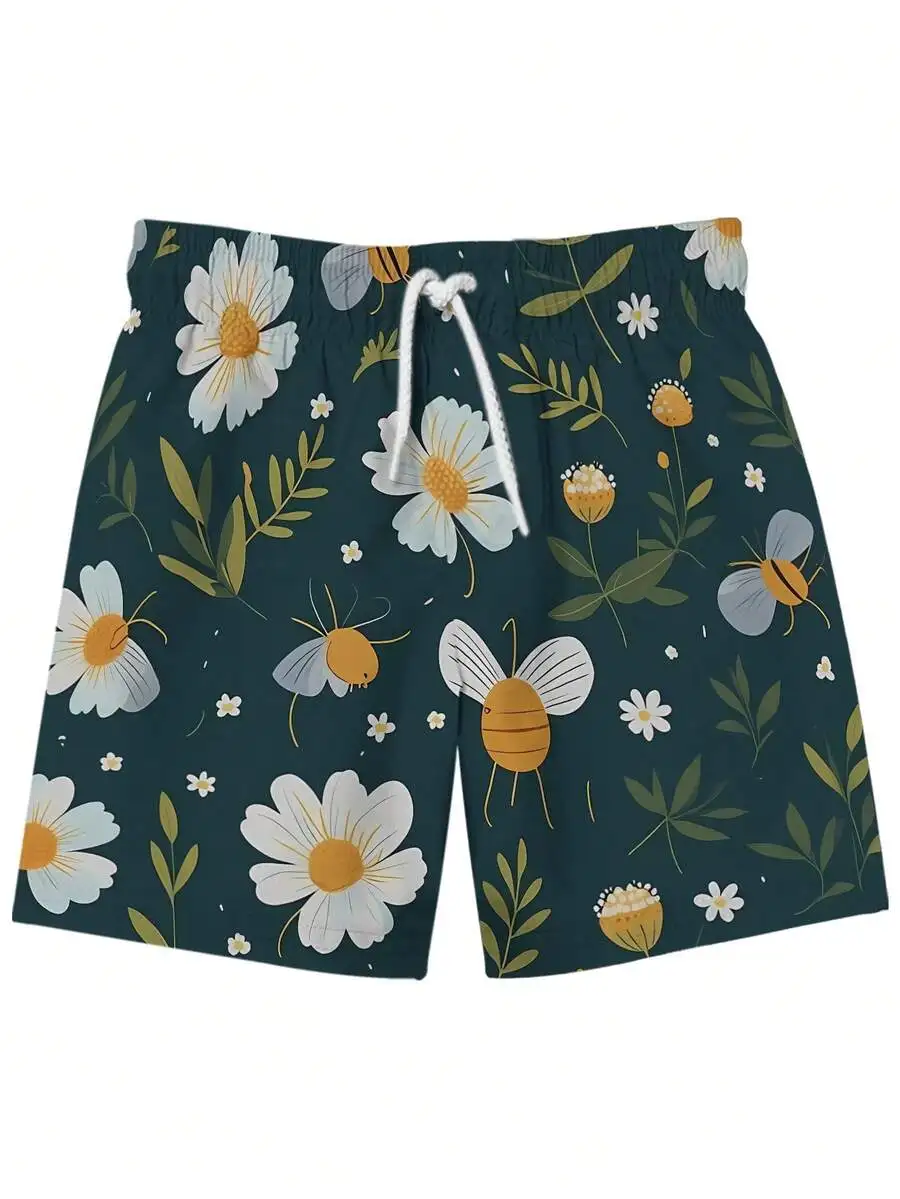 

Mens Beach Shorts With Floral And Bee Print, Casual Drawstring Swim Trunks